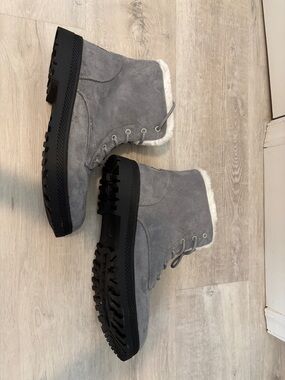 GO Branded Gray Suede Faux-Fur Ankle Boots